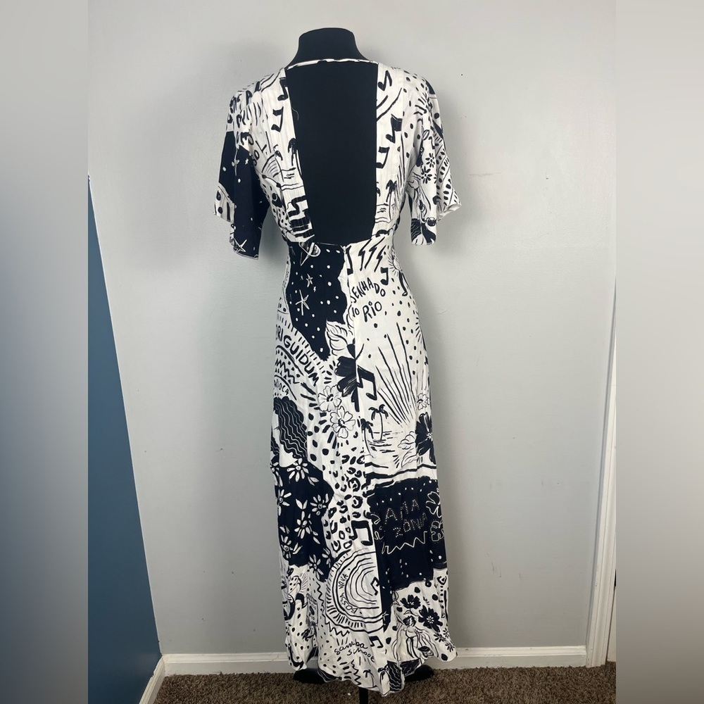 Farm Rio Black & White Cutout Maxi Dress Resortwear Vacation Size small pop art - Picture 3 of 7